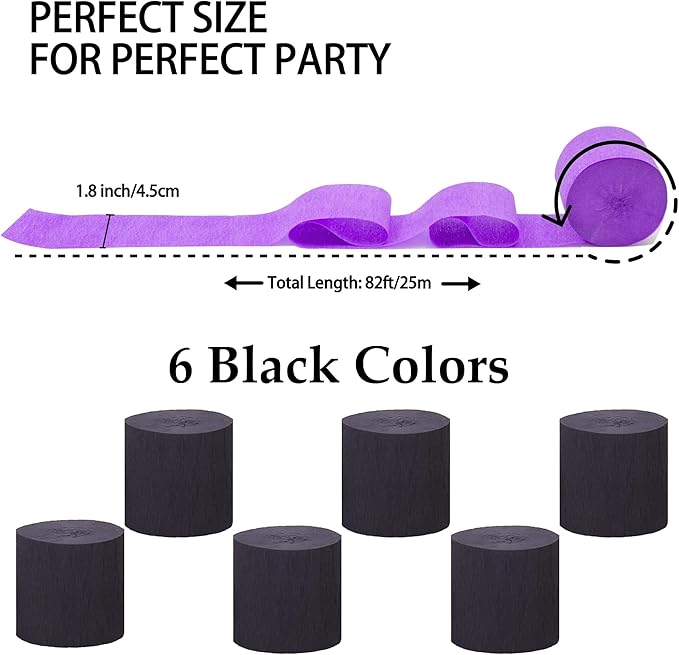 6 Rolls 492ft Colorful Crepe Paper Streamers,Pack of Paper Party Streamers for Black Party Decorations, Birthday Decorations, Wedding Decorations (1.8 Inch x 82 Ft/Roll)