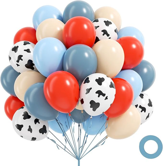 60pcs Farm Balloons 12inch, Pastel Dusty Blue Red Sand White Cow Print Balloons for Cowboy Farm Baby Shower Birthady Party Decorations