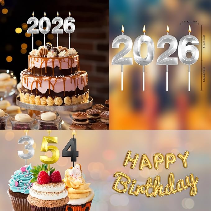Graduation Candle 2026, 4 Pcs 3D Visual 2025 Silver Number Candles for Graduation Cake Decorations, Class of 2026 Cake Topper, 20, 22, 26, 60, 62 Birthday Candles Happy Birthday Cake Toppers