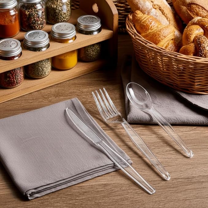 Bakken Disposable Cutlery Set 1000 Pieces of Forks, Knives & Spoons, Heavy Duty Plastic Silverware, BPA-Free Food-Grade Materials, Heat-Resistant, Reusable Utensils for Parties and Everyday Use, Clear