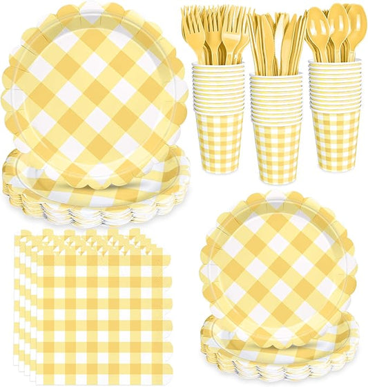 175 Pcs Yellow Scalloped Gingham Party Supplies for 25 Guests, Yellow and White Checkered Paper Plates, Cups and Napkins Sets for Baby & Bridal Shower, Wedding, Birthday Party, Outdoor Picnic