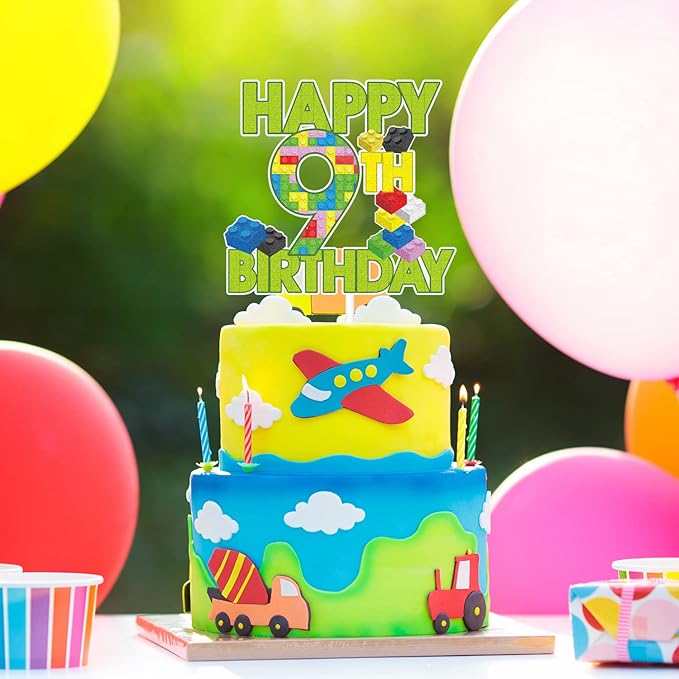 Happy 9th Birthday Building Block Cake Topper - Puzzle Games Boy's 9th Birthday Party Green Cake Topper Supplies - Building Block Party Decoration For Boy