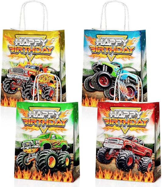 24 Pcs Monster-Truck Party Favor Bags with Handles - Racing Truck Goodie Bags Gift Bags. Checkered Theme Candy Bags for Kids, Kraft Paper Bags for Birthday Party Supplies Decorations