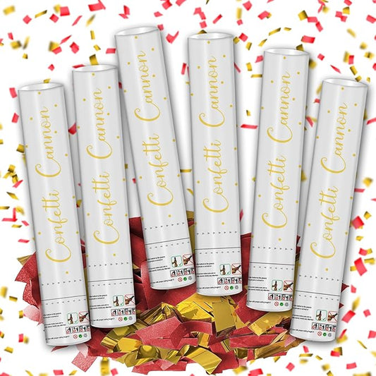 12" Red & Gold Confetti Cannons - Party Poppers for Birthday Graduation Retirement Wedding New Year Celebrations - Easy to Use - Pack of 6