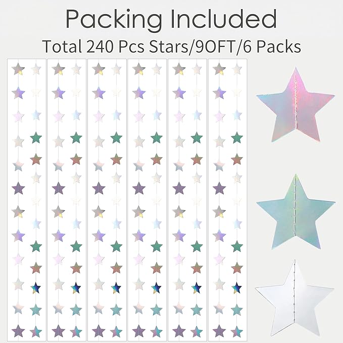 Iridescent-Star-Garland 90FT – 240 Pcs Sparkling Star Streamers-Hanging Glitter Star Banner Backdrop for Birthday, Baby Shower, Wedding, Christmas Party Decorations (6 Packs)