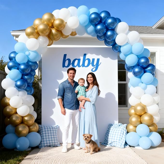 Blue and Gold Balloons, 12 Inch Pastel Baby Blue Metallic Blue Metallic Gold White Latex Balloon for Boys Men Birthday New Year Graduation Party Decor Baby Shower Anniversary Decorations Supplies