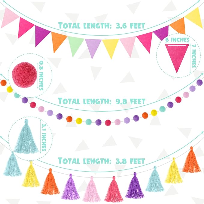 Irenare 9.8 ft Pom Pom Garland Felt Rainbow Garland 2026 Graduation Party Decoration Colorful Pennant Tassel Banner Back to School Birthday Triangle Banner for Classroom School Mantel(Candy Color)