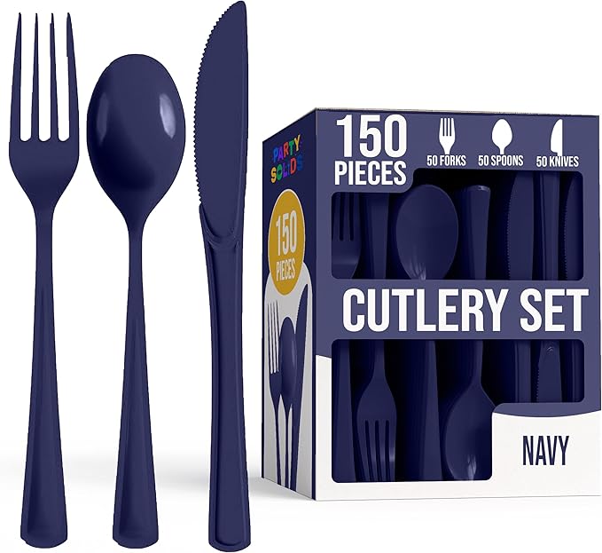 Party Solids Navy Plastic Silverware Heavy Duty 150 Pieces Navy Disposable Silverware Heavy Duty, Utensil Sets, 50 Of Each Forks, Knives & Spoons Disposable Cutlery Set For Party Supplies