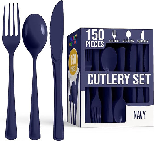 Party Solids Navy Plastic Silverware Heavy Duty 150 Pieces Navy Disposable Silverware Heavy Duty, Utensil Sets, 50 Of Each Forks, Knives & Spoons Disposable Cutlery Set For Party Supplies