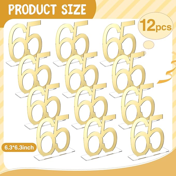Threehoney 12 Pcs Mirror Gold 65th Birthday Decorations for Men and Women Acrylic Anniversary Decorations Table Numbers Centerpieces for Birthday Party