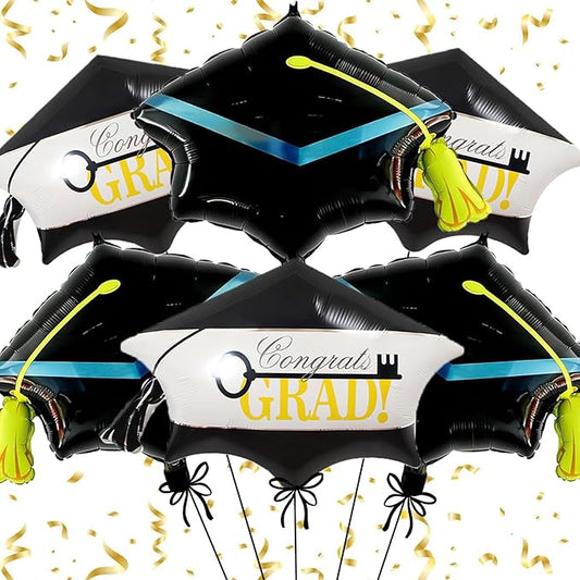 6pcs Graduation Cap Decorations Set, Congrats Grad Balloons, Large Graduation Cap, Hat Balloon with Tassel Design, Grad Foil Balloons For College High School Party Decorations 2026