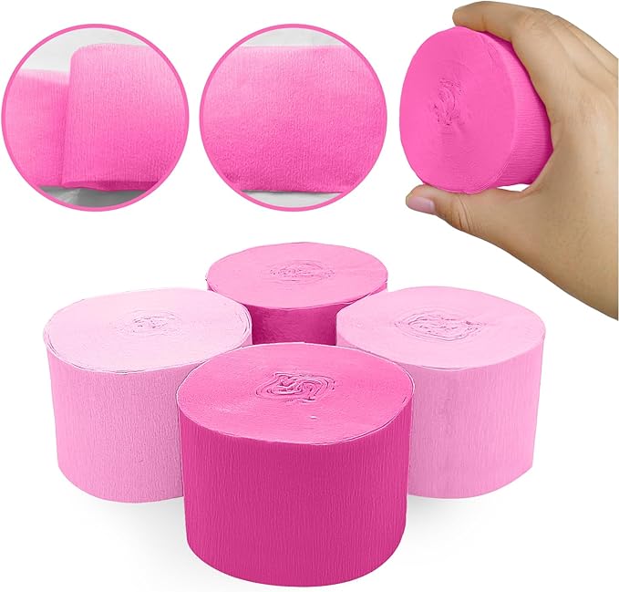 4 Crepe Paper Streamers Rolls, 328ft Pack of Hot Pink and Pink Crepe Paper for Birthday Bachelorette Engagement Wedding Bridal Shower Party Supplies (1.8 inch x 82 ft/Roll)
