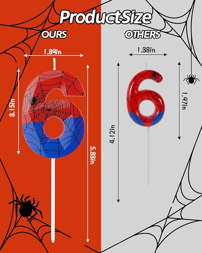 Number 6 Spider Themed Birthday Candle, 2.68 Inch Red Blue Spider Birthday Candles, Number Candles Birthday Cake Toppers Web Candles for Boy Girl Spider Party Decoration Supplies Halloween Party