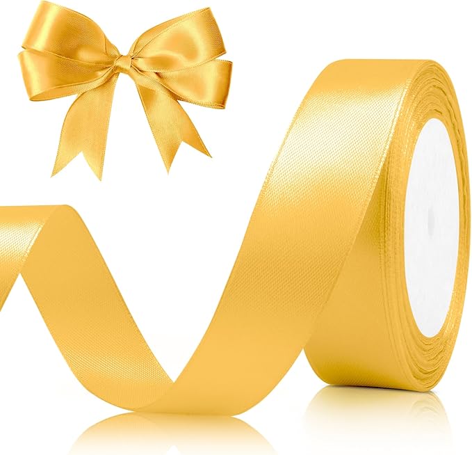 Gold Ribbon Gold Christmas Tree Ribbon, 1 Inch 25 Yds Ribbon for Gift Wrapping Hair Ribbon Gold Satin Ribbon Perfect for Halloween Balloon Ribbon Wedding Party Floral Bouquets Ribbon Candy Sewing