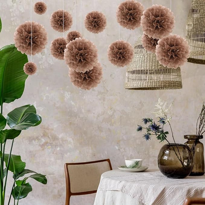 20 PCS Coffee Tissue Paper Pom Poms, Tissue Pom Poms Flowers, Sizes of 6", 10", 12", 14" Hanging Paper Flower Ball for Wedding, Birthday, Halloween, Christmas, Baby Shower Party Decor