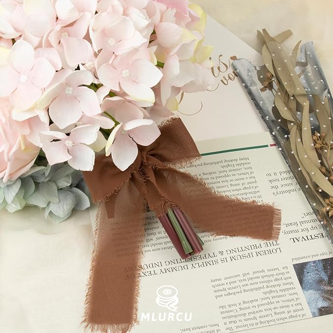 Brown Chiffon Ribbon - 1-1/2 Inch x 21 Yards, Handmade Fringe, Silk, Boho Frayed, Dark Brown, Gift Wrapping, Wedding Invitation, Bridal Flower Bouquets