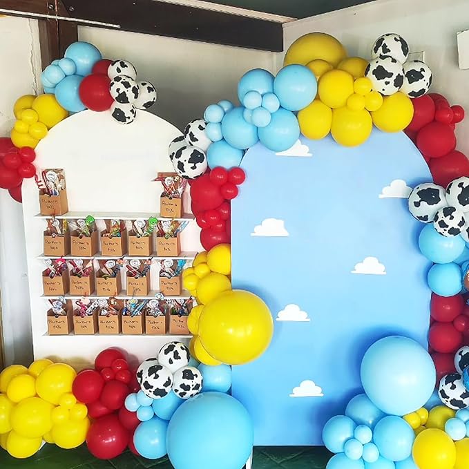 Blue Red Yellow Balloons, 60pcs 12 Inches Cow Pattern Cloud Yellow Red Blue with 1 Ribbon for Birthday Baby Shower Party Decorations
