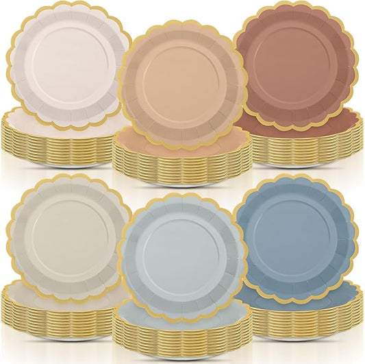 96 Pcs Morandi Color Paper Plates 9 Inch Pastel Scalloped Disposable Colored Boho Dinner Dessert Paper Plates for Birthday Wedding Bridal Party Supplies, 6 Colors