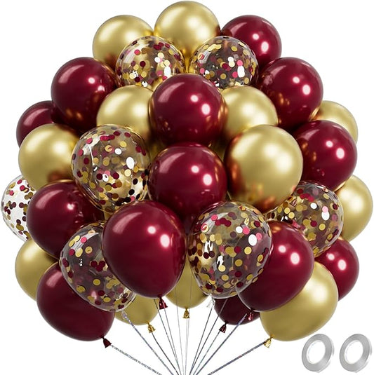 Metallic Burgundy and Gold Balloons 12 Inch 67PCS Gold Maroon Shiny Confetti Balloons Latex Helium Balloon Set for Graduation Wedding Birthday Party Decorations