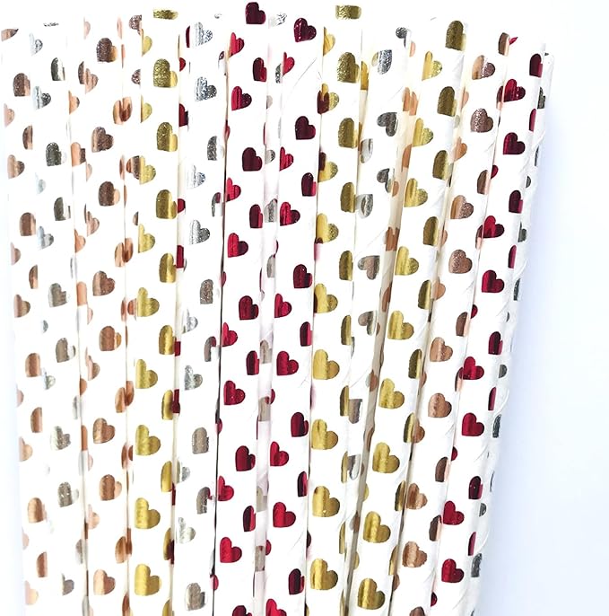 100 pcs Mixed Glitter Colorful Party Paper Straws, Metallic Rose Gold Golden Silver Red Foil Heart Drinking Straws, Valentine Anniversary Wedding Valentine's Day Cake Pop Sticks (Metallic Heart)