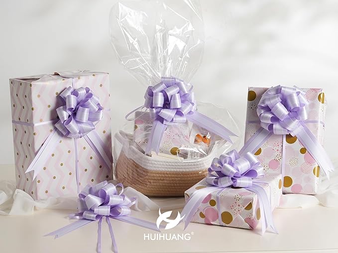 HUIHUANG Purple Bows for Gift Wrapping 6" x 10" Lilac and Purple Double Layer Satin Pull Bows 12 PCS Gift Bow for Presents, Easter Gift Basket, Gift Box, Birthday Wedding Party Decor