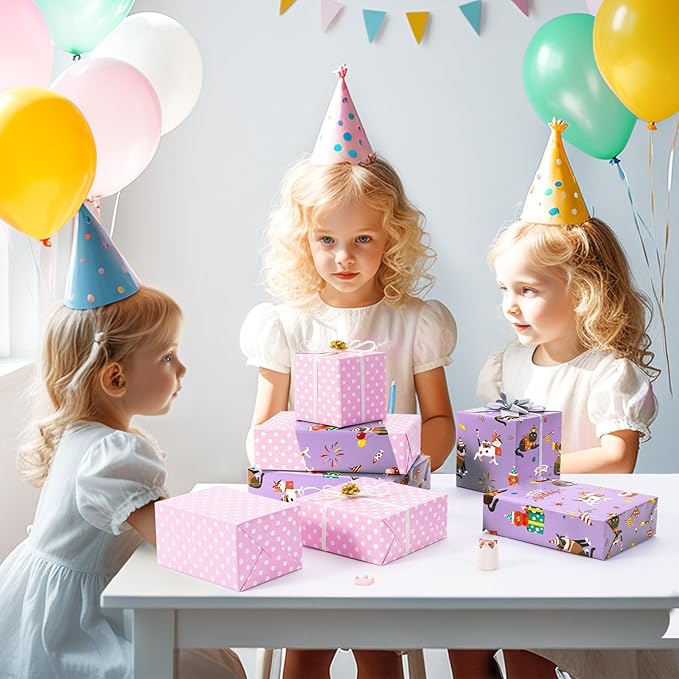 WERNNSAI Cat Birthday Wrapping Paper Roll - 1 Roll 17”x 66 ft Reversible Cat Gift Wrap Pink Purple Wrapping Paper for Girls Kids Birthday Party Gift Wrap with Polka Dot Design
