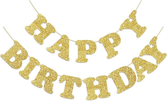 Gold Happy Birthday Banner Birthday Party Decorations Happy Birthday Banner Bunting Garland Sign for Kids Boys Girls Adults Birthday Baby Shower Celebration Party Backdrops Supplies