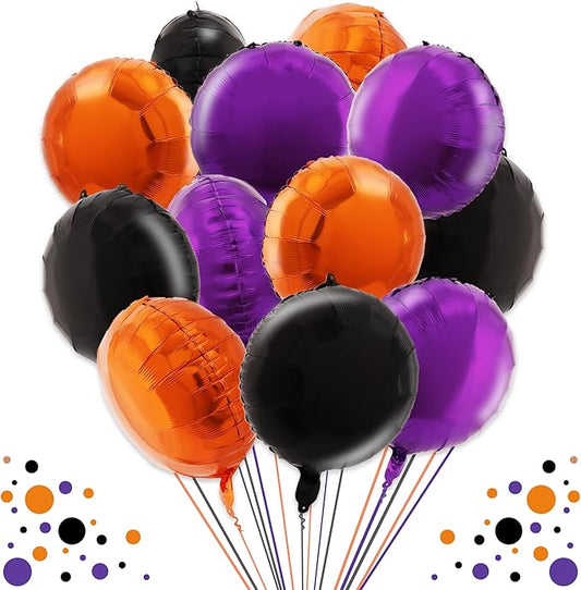 TONIFUL 30Pcs 18 Inch Black Orange Purple Round Shape Foil Balloons Big Circle Helium Mylar Ballons for Birthday Wedding Halloween Baby Shower Anniversary Engagement Party Decor Supplies