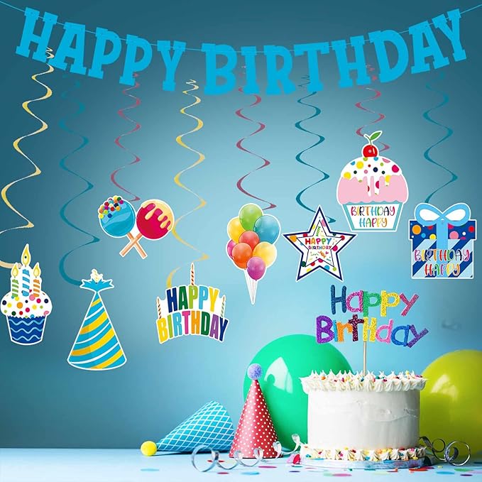 Pre-Strung Blue Birthday Decorations Boys - 9PCS Happy Birthday Banner Hanging Swirls Decorations Supplies Cheers to Boy's Birthday Party