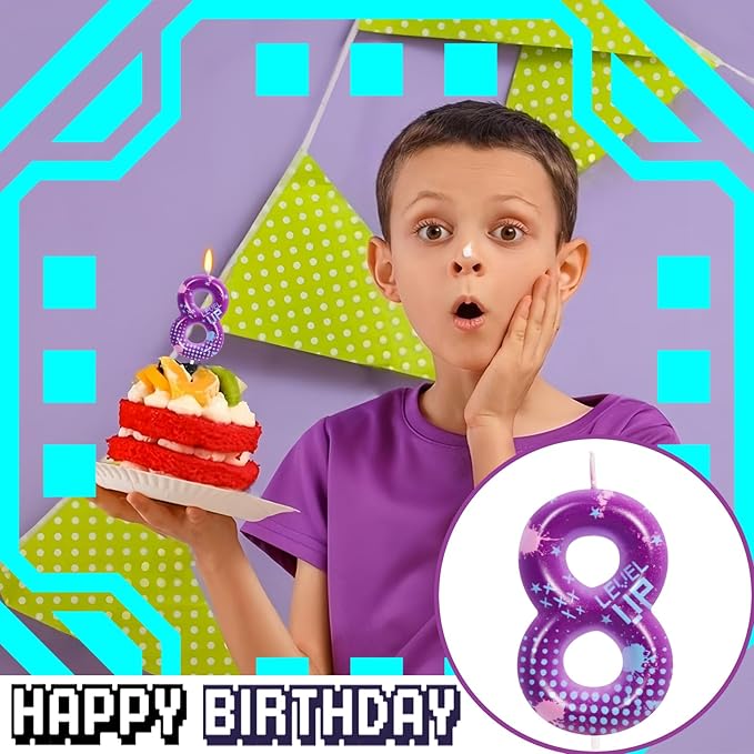 STG Birthday Candles for Boys - Number 8 Candle for Video Game Birthday Cake Topper, Fort Battle Level Up Sandbox Games Birthday Party Supplies (Purple)