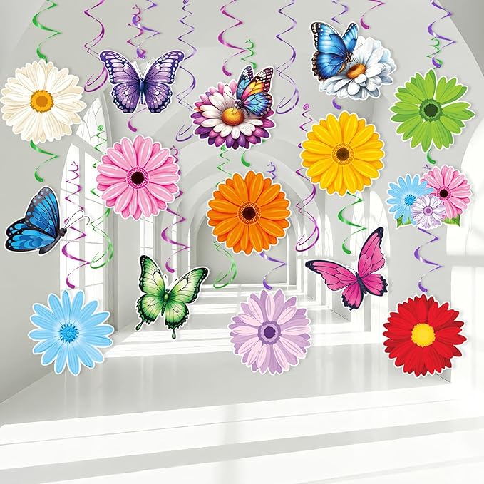 Flower Hanging Swirl Decorations - 36 Pcs Spring Floral Butterflies Ceiling Hanging Streamers for Spring Summer Garden Office Classroom Decorations Supplies