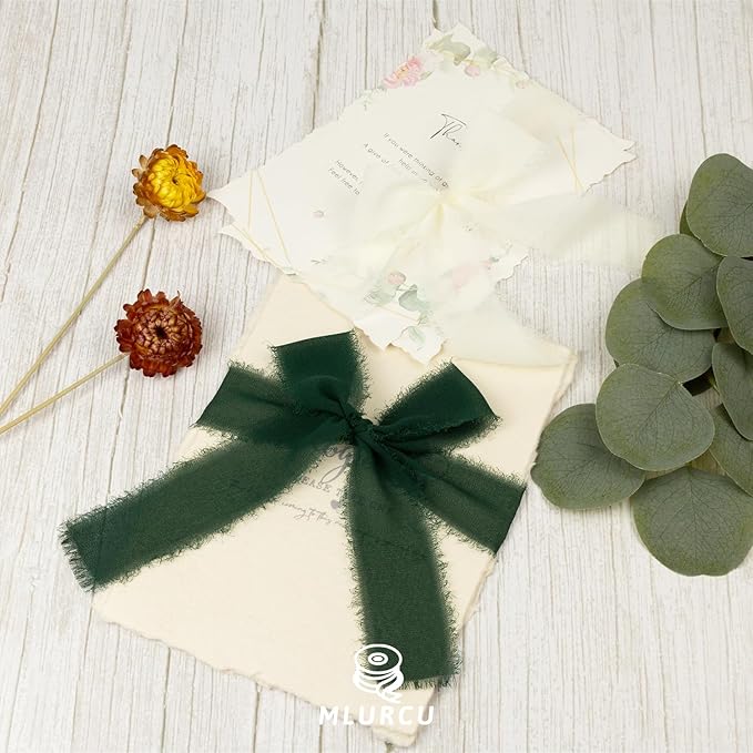 Green Chiffon Ribbon 1.5 Inch x 21Yds Handmade Fringe Chiffon Silk Ribbon Green & Cream Frayed Chiffon Ribbon for Wedding Invitation Flower Bouquets Gift Wrapping Bridal Shower Baby Shower