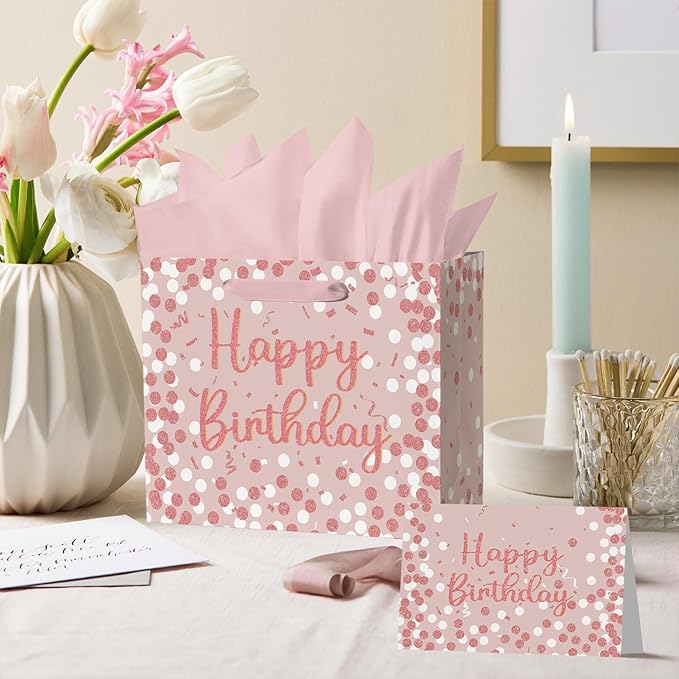 Horaldaily Large Birthday Gift Paper Bags with Tissue Paper and Card (1Pcs，Pink)