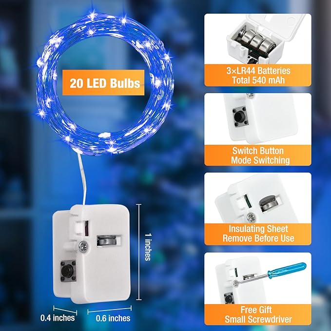 12 Pack Fairy Lights Battery Operated - 7ft 20 Led Twinkle Lights 3 Modes, Bulk Mini String Lights Waterproof for Mason Jars Vases DIY Party Wedding Decoration Christmas -Blue