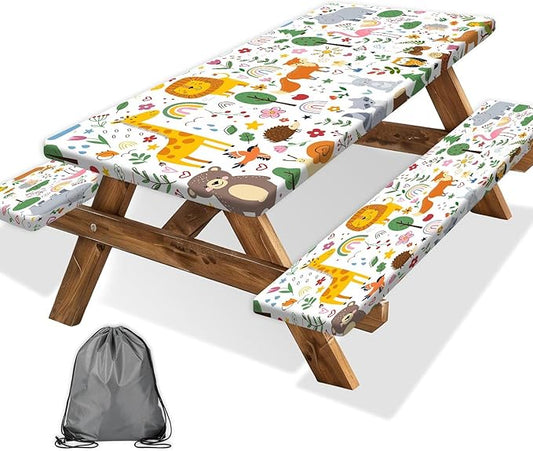 Picnic Table Cover with Bench Covers, Camping Essentials, Jungle Animal Cute Waterproof Windproof Camping Tablecloth, Fitted Tablecloth Cover with Elastic Edge for Indoor Outdoor 30x96 Inch