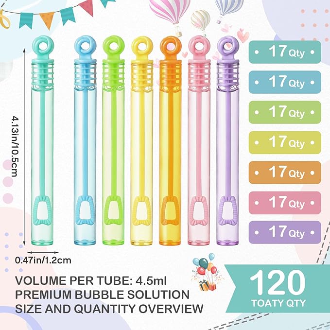 Lunmon 120 Pcs Mini Bubble Wands Bulk Pastel Bubble Party Favors Toys Sticks Gifts for Kids, Goodie Bag Stuffer Fillers, Christmas, Birthday, Wedding, Carnival, Bath Time, Summer Outdoor Indoor Events
