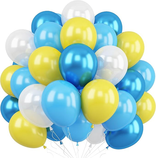 HILAVO Blue Yellow Balloon, 60 PCS 12 Inch Sponge Theme Balloons Blue Yellow and White Balloons for Kids Cartoon Sponge Party Baby Shower Duck Birthday Party Decorations