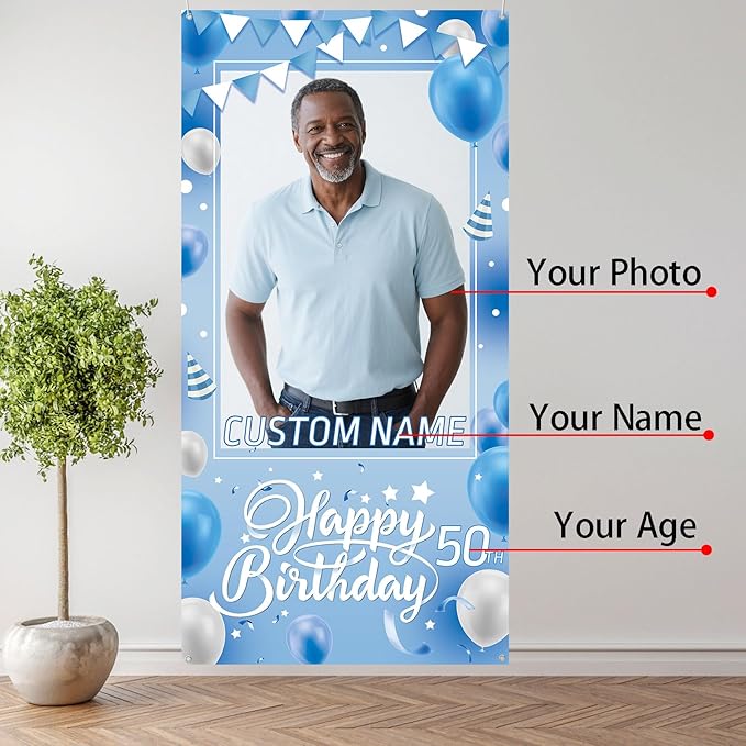 Dicodes Personalized Happy Birthday Door Banner Custom Photo Birthday Photography Background Decorations Party Supplies for Women Men (Blue White)
