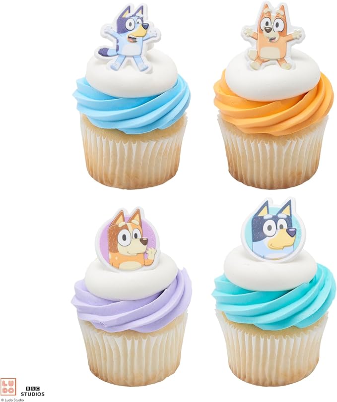 DecoPac Bluey So Much Fun Rings, 24 Cupcake Decorations Featuring Bluey, Bingo, Bandit, and Chilli, 3D Food Safe Cake Toppers – 24 Pack