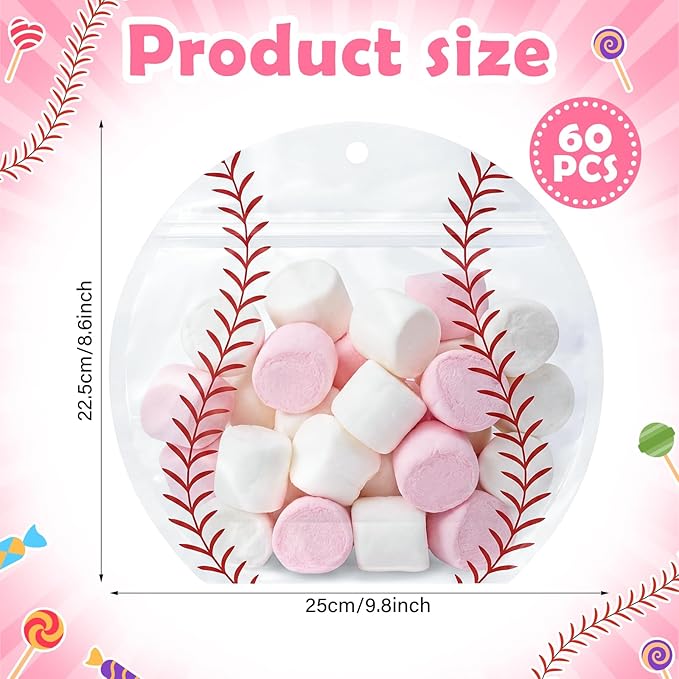 Resurhang 60 Pcs Baseball Treat Bags Candy Zipper Cute Baseball Food Goodie Gifts Bags Resealable Sport Themed Snack Candy Containers for Sport Birthday Baby Shower Supplies