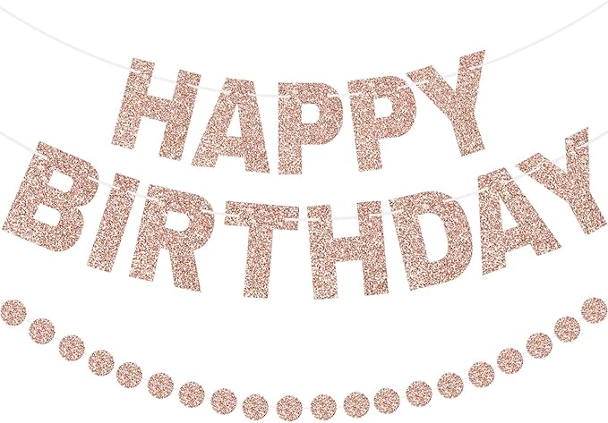 GCQQ Rose Gold Happy Birthday Banner - Glitter Pre-Strung 3M Pre-Strung Letter Garland + 2.5M Rose Gold Dot Garlands Woman Girls Birthday Party Banners Backdrop Decoration Supplies, No DIY