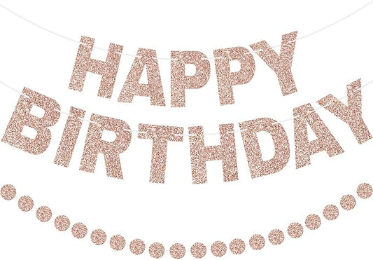 GCQQ Rose Gold Happy Birthday Banner - Glitter Pre-Strung 3M Pre-Strung Letter Garland + 2.5M Rose Gold Dot Garlands Woman Girls Birthday Party Banners Backdrop Decoration Supplies, No DIY