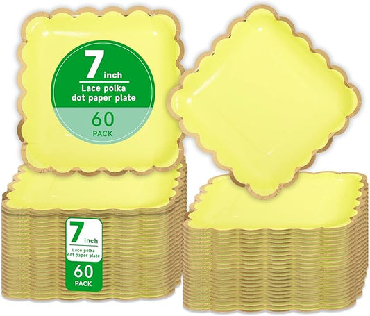 Square Paper Plates 60 Count,Eco Compostable Plates Disposable,7" Scalloped Small Paper Plates,Pastel Lemon Plates for Party,Birthdays Weddings Picnics,Easter or Daily Use