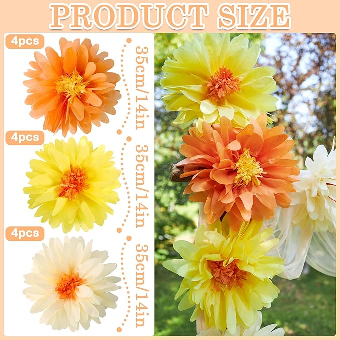 12 Pcs Daisy Tissue Paper Pom Poms Fall Party Decorations Orange Yellow Tissue Flowers Paper Flowers Decorations for Wall Groovy Backdrop Garden Hippie Wedding Thanksgiving Autumn Decor