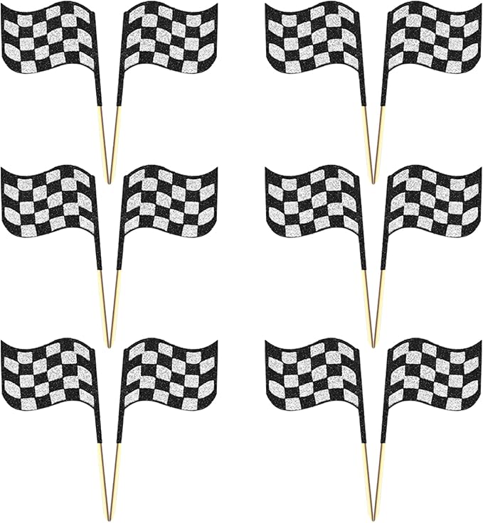 Checkered Racing Flag Party Cupcake Toppers Black and White Cake Decorations for Racing Party Supplies 24 Pieces