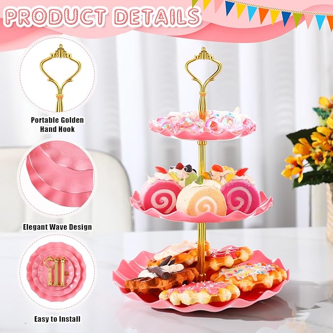 Patelai 8 Packs 3 Tier Cupcake Stand Holder Plastic Cake Serving Display Stand Tower Donuts Cookie Dessert Tray Holder Wave Shape with Gold Rod for Wedding Birthday Baby Shower Tea Party (Pink)