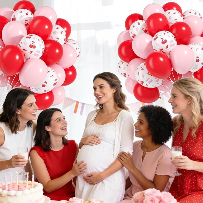 Cherry Balloons, 60pcs 12inch Pink and Red Balloons with White Print Balloon for Baby Shower Birthday Party Decorations