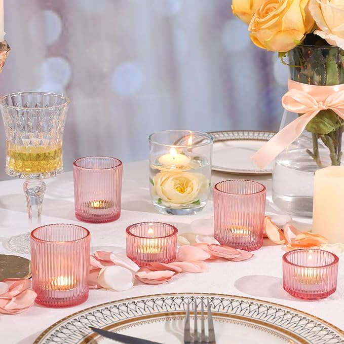 NITIME 20pcs Assorted Ribbed Pink Votive Candle Holders, Tealight Candle Holder for Valentine's Day, Pink Candle Holders for Wedding Table Decor, Mother' s Day, Bridal Shower and Party Decorations