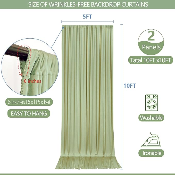 ESGOTBME 10x10ft Wrinkle Free Sage Green Backdrop Curtain for Parties Soft Fabric Drapes Wedding Curtain Backdrop for Birthday Party Decorations Background for Photography 5x10ft, 2 Panels