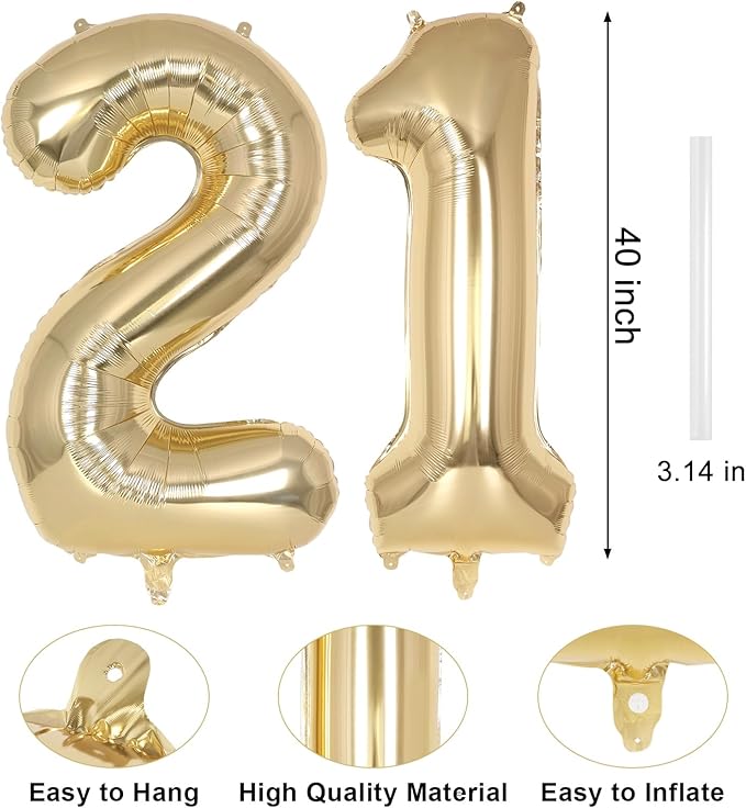 Champagne Gold Large Number 21 Balloon, 40 Inch Light Gold Foil Helium Number Balloons, Giant Mylar Number 21 Balloons for 21 Years Old Birthday Party Anniversary Decorations (Champagne Gold 21)